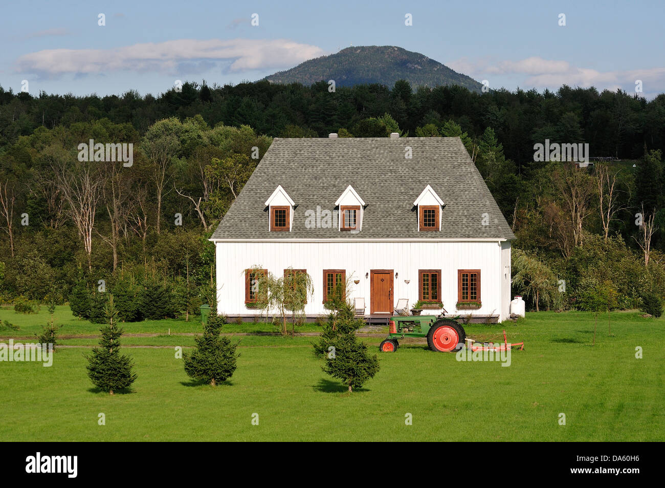 Canada, Eastern Townships, Quebec, Rural, Landscape, Trees, White, farm house, farmland, field, forest, home, house, mountain, q Stock Photo