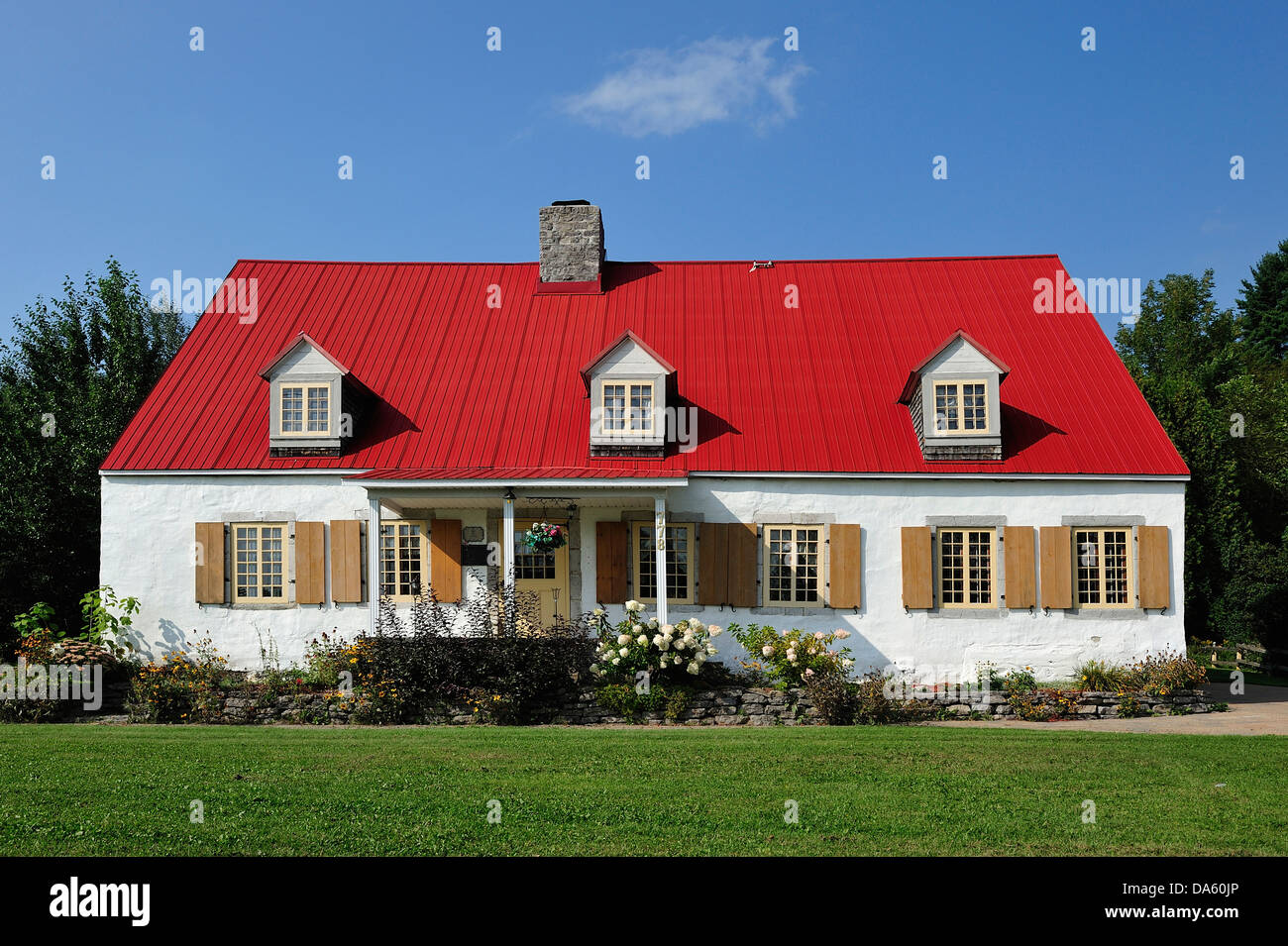 Canada, Garden, Green, Home, Cap Sante, Quebec, flowers, grass, home, horizontal, red, roof, roses, shutters, summer, yard Stock Photo