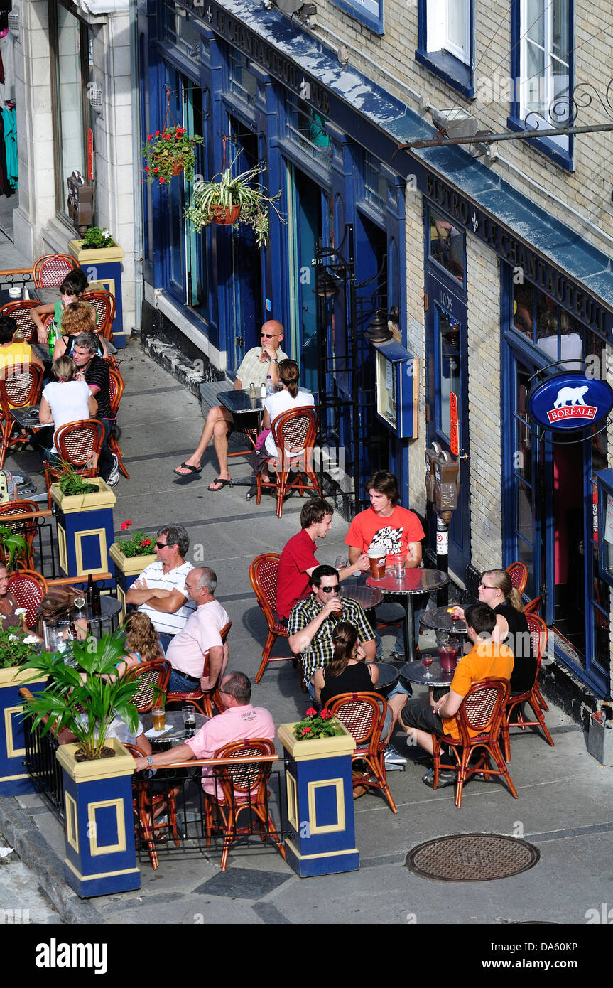 Canada, Old Town, Quebec, Quebec City, Rue St. Jean, aerial, diners, dining, friends, men, people, people, eating, restaurants, Stock Photo