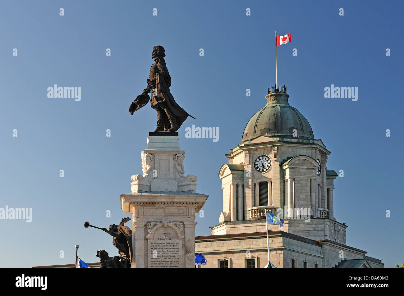 Canada, Canadian, Flag, Old Town, Quebec, Quebec City, Sculpture, Statue, Statue, Samuel, Champlain, breeze, historical, history Stock Photo