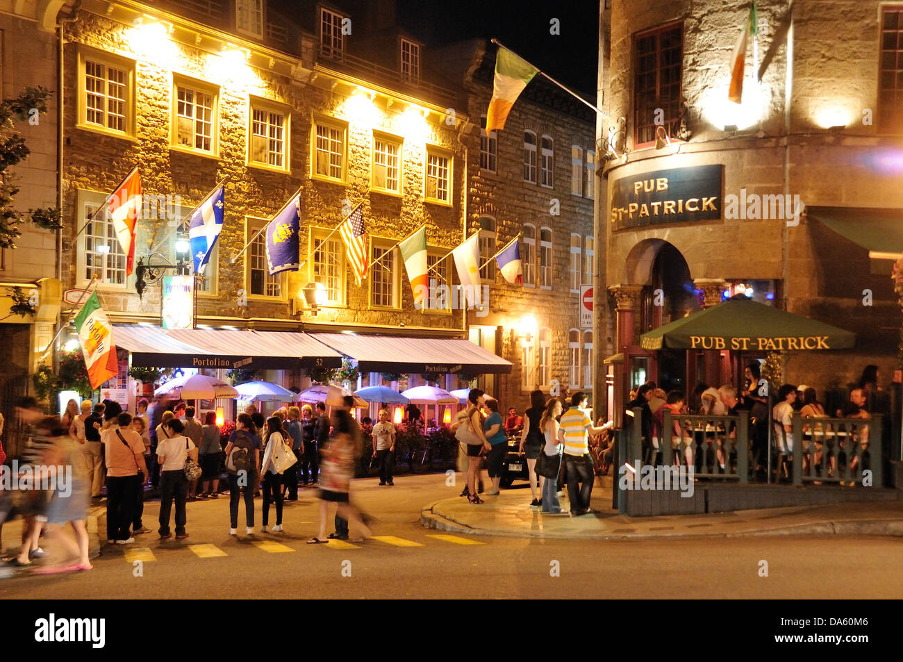 Canada, Flags, Old Town, Quebec, Quebec City, Rue St. Jean, crosswalk, drinking, horizontal, night, nightlife, pub, pub crawl, p Stock Photo