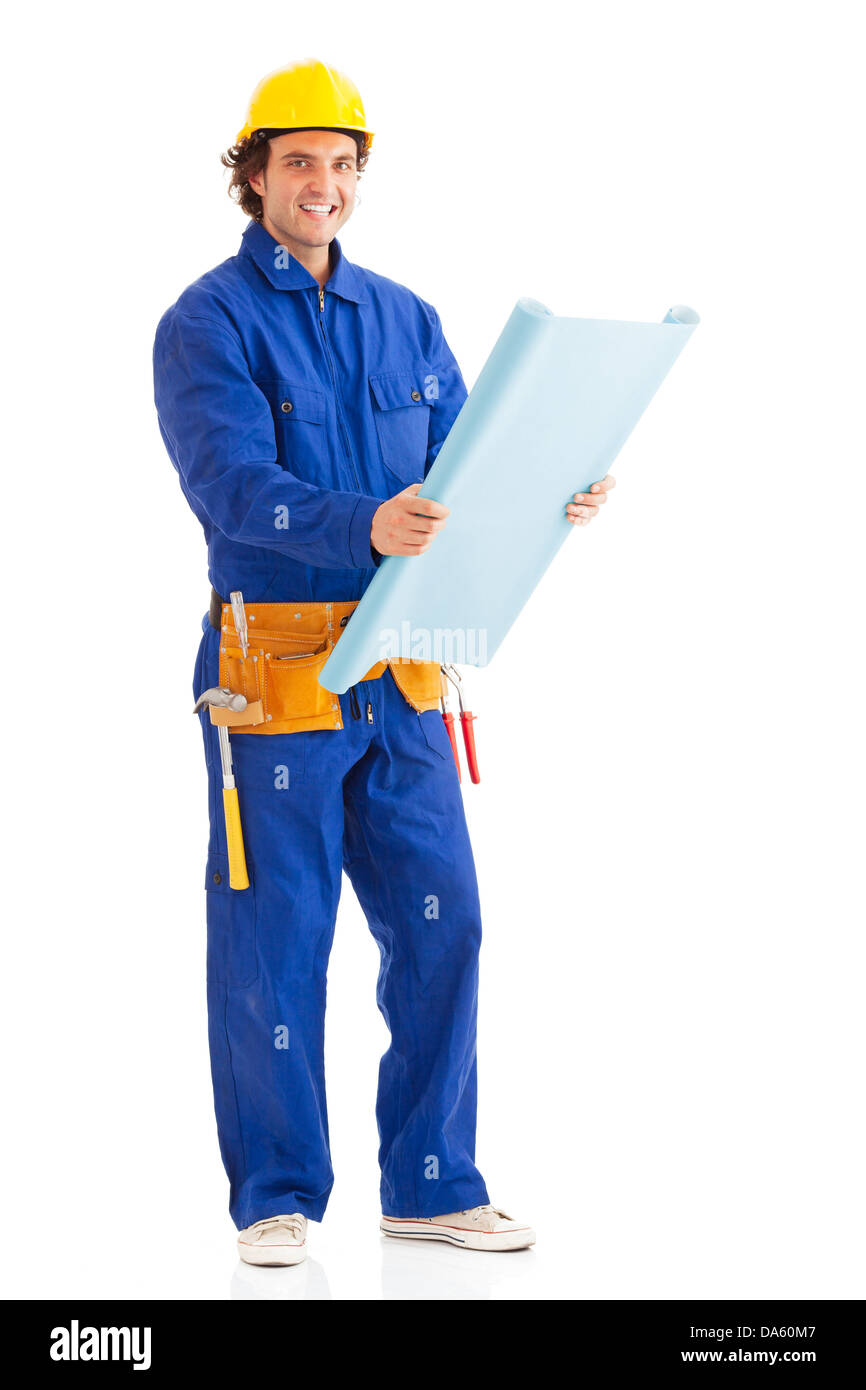 Young construction worker posing with a blueprint in hand. Isolated on white.Looking at camera. Stock Photo