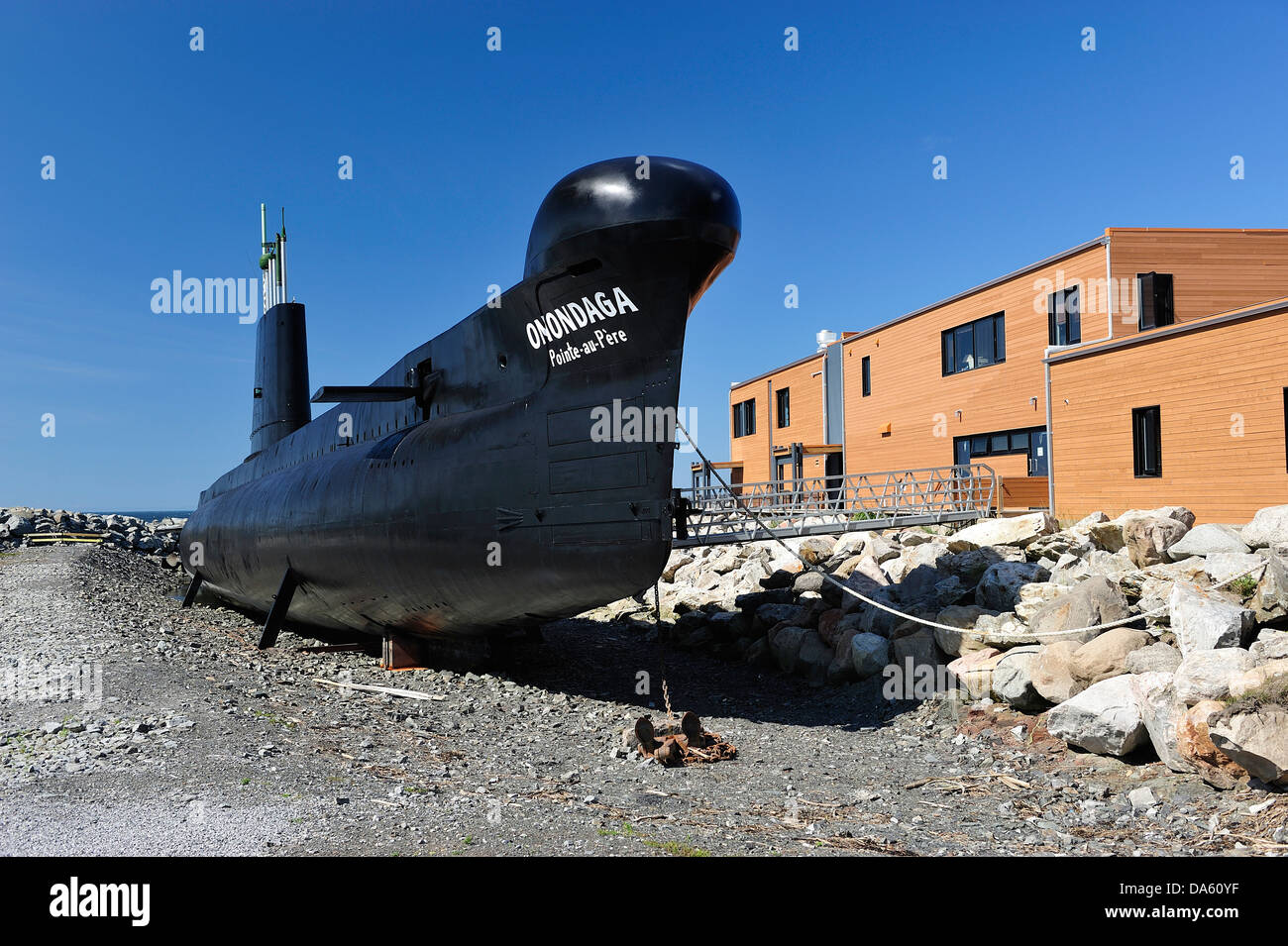 Canada, Onondaga  Pointe au Pere, Rimouski, beached, submarine, historical, educational, ship, summer Stock Photo