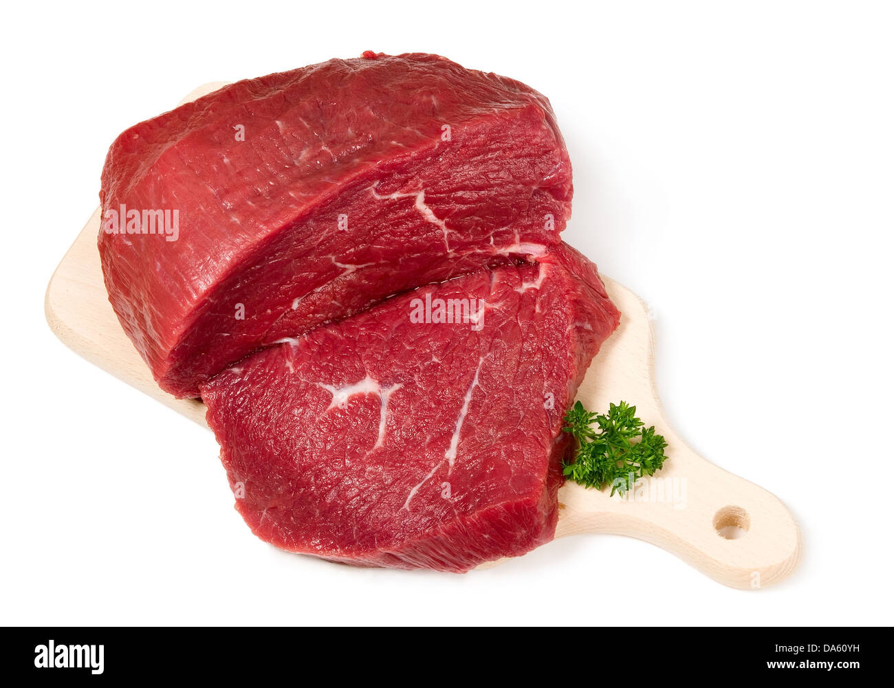 Raw sliced meat placed on cutting board, food concept Stock Photo