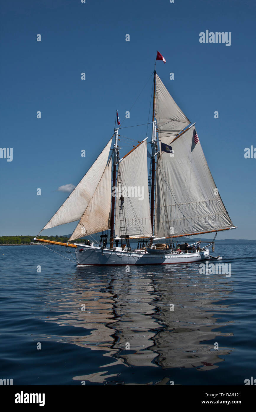 The passenger cruise schooner Timberwind sailing in Penobscot Bay outside the breakwater at Rockland Maine, port side view Stock Photo