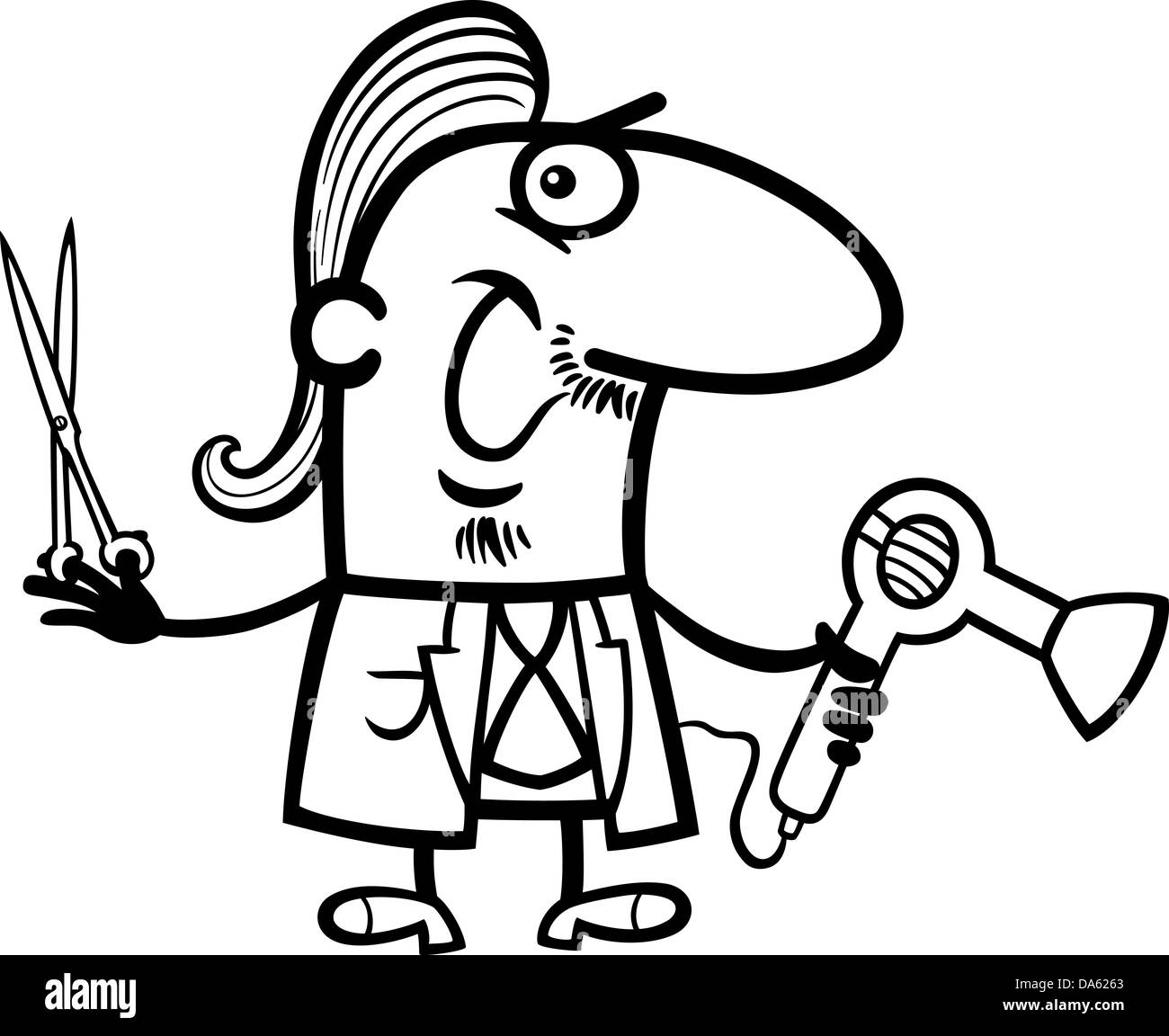 Black and White Cartoon Illustration of Funny Hairdresser or Barber with Scissors and Hair Dryer Profession Occupation Stock Photo
