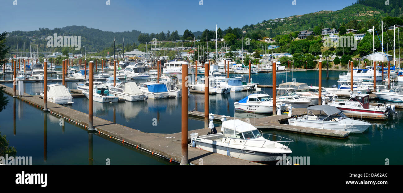 USA, United States, America, North America, Pacific Northwest, Oregon, coast, harbor, yacht, boat, panorama, Brookings Stock Photo