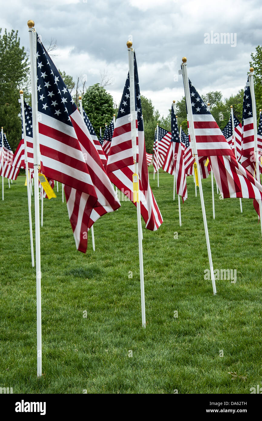 American Flags on display during Memorial Day in Garden City, Idaho. Stock Photo