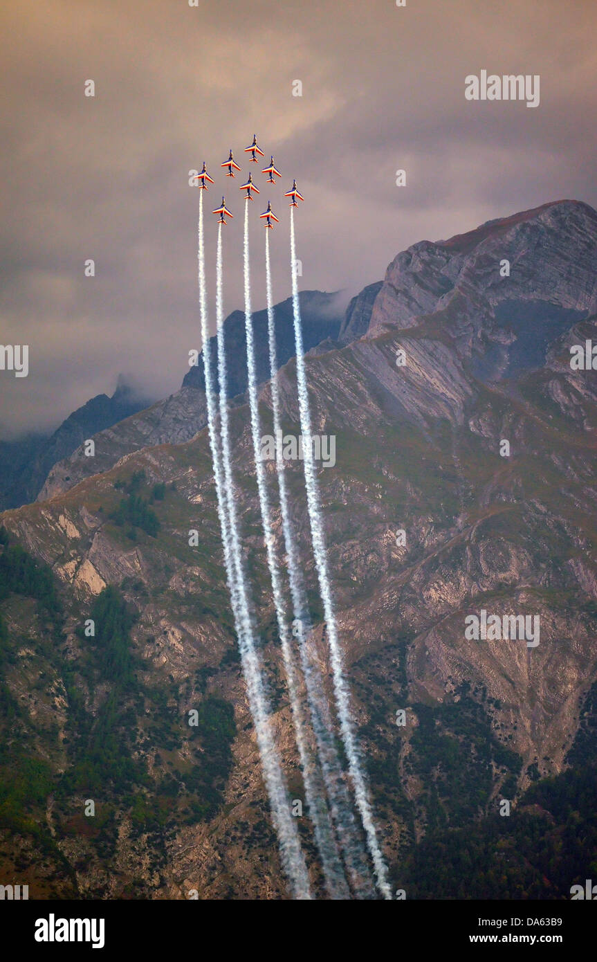 SION, SWITZERLAND, Patrouille de France in a steep climb  at the Breitling Air show.  September 17, 2011 in Sion, Switzerland Stock Photo
