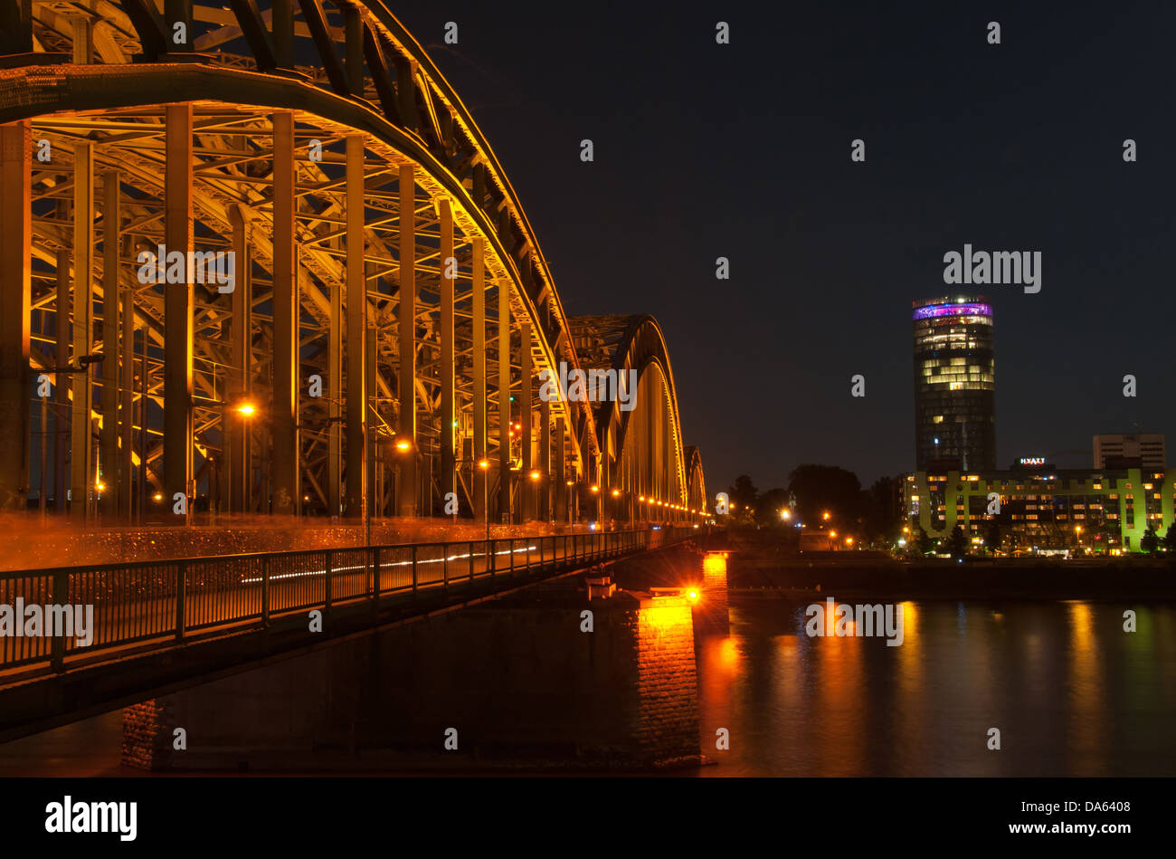 Hohenzollernbrücke, Rhine, Cologne, Rhineland, North Rhine-Westphalia, Germany, Europe, night, bridge, Stock Photo