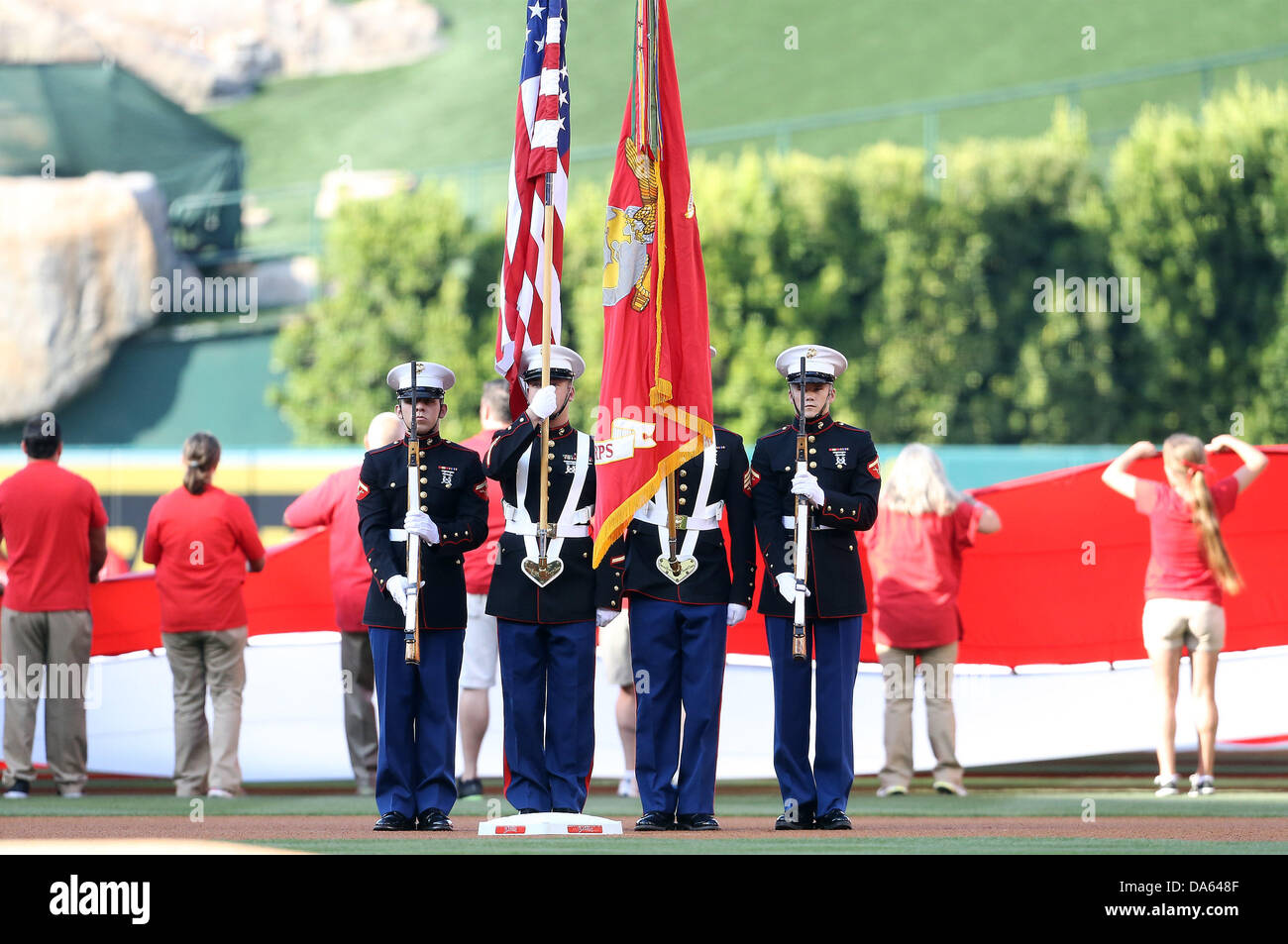Anaheim, California, USA. 4th July, 2013. July 4, 2013 Anaheim, California: United States Marine Corps color guard before the Major League Baseball game between the St. Louis Cardinals and the Los Angeles Angels at Angel Stadium on July 4, 2013 in Anaheim, California. Rob Carmell/CSM/Alamy Live News Stock Photo