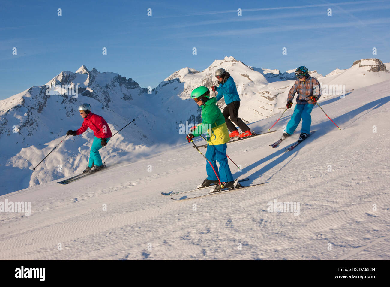Family, skiing, winter sports, Brigels, mountain, mountains, family, ski, winter sports, Carving, Switzerland, Europe, Stock Photo