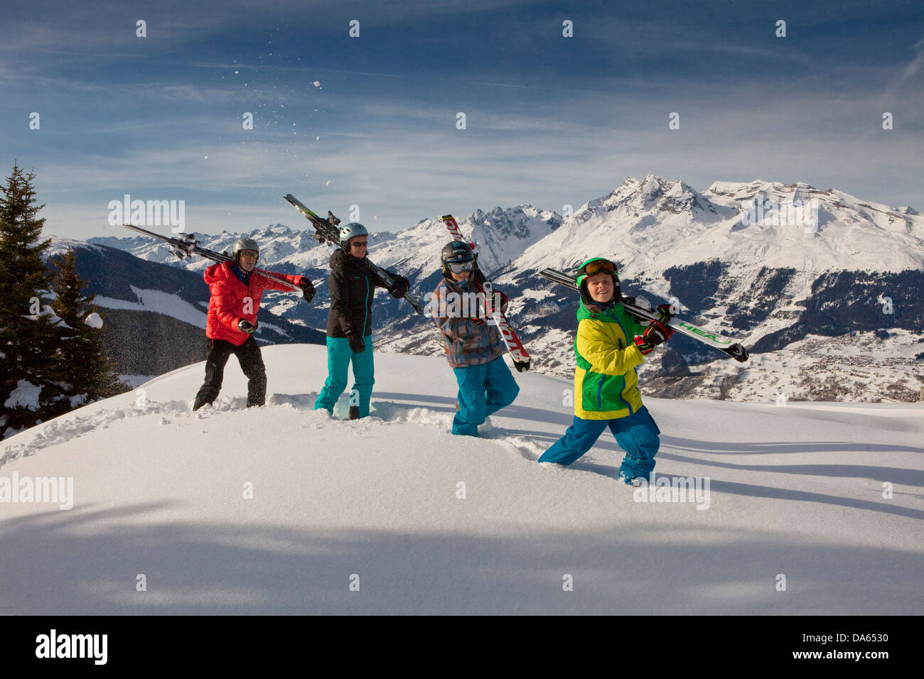 Family, ski chat, Obersaxen, mountain, mountains, ski, skiing, winter sports, Carving, snow, Switzerland, Europe, Stock Photo
