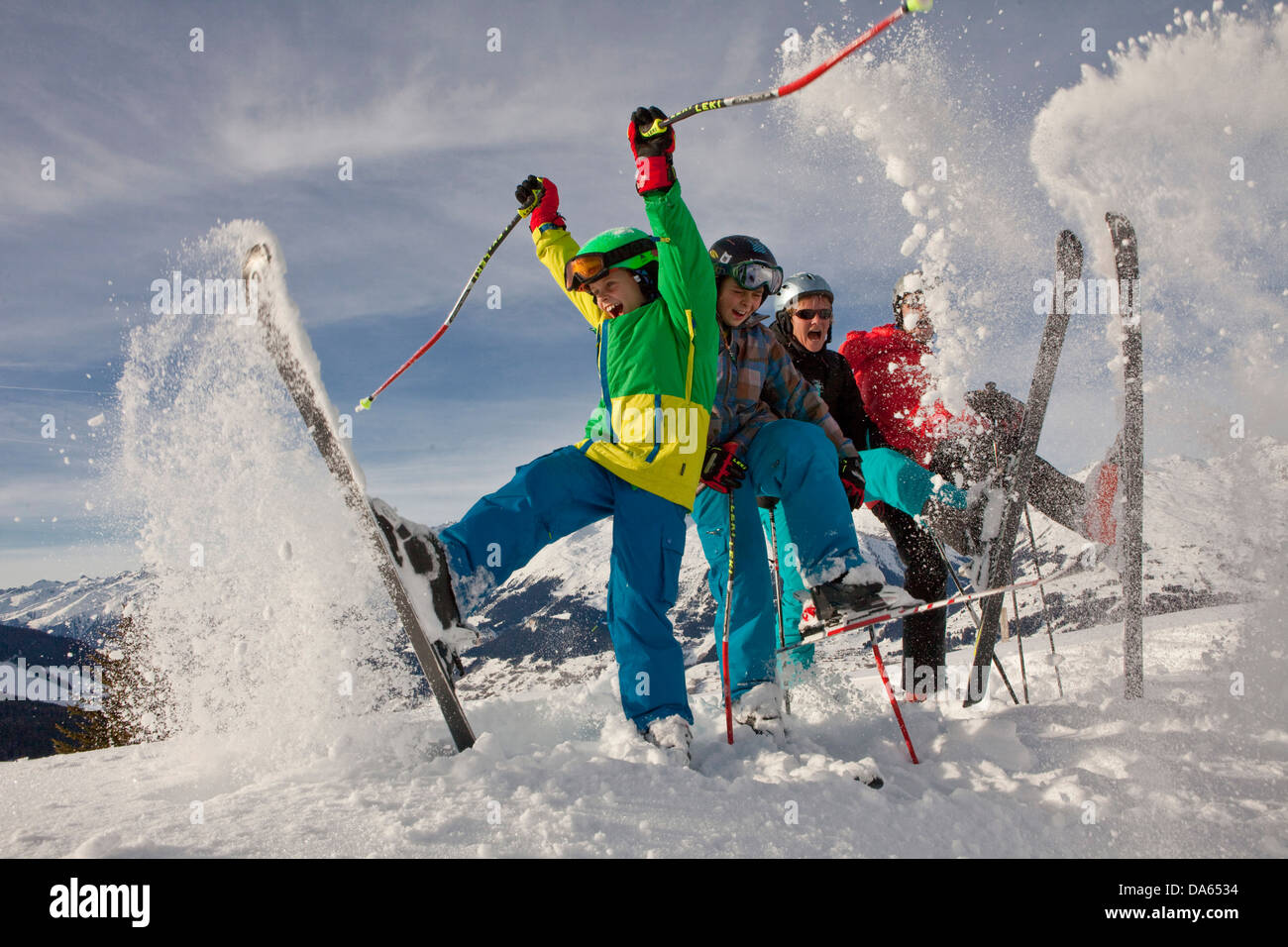 Family, ski chat, Obersaxen, mountain, mountains, ski, skiing, winter sports, Carving, snow, fun, Switzerland, Europe, Stock Photo