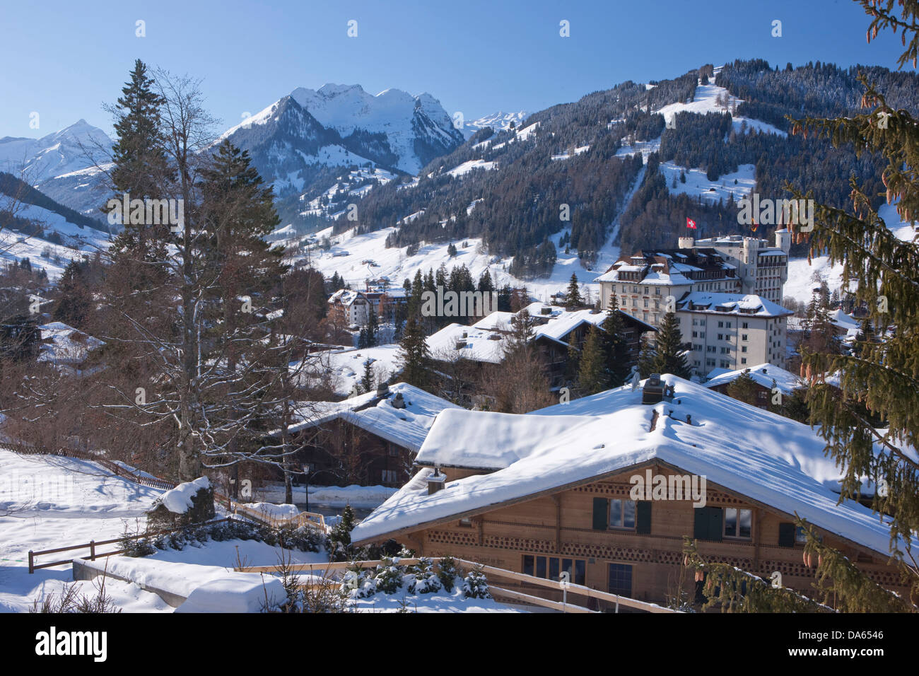 Village, Gstaad, winter, chalets, canton, Bern, Bernese Oberland, Switzerland, Europe, Stock Photo