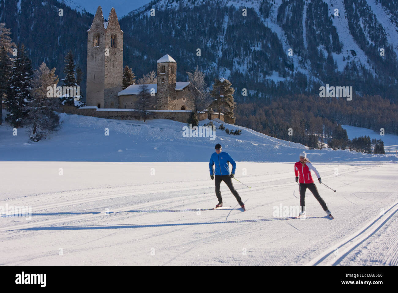 cross-country, ski, Celerina, winter, canton, GR, Graubünden, Grisons, Engadin, Engadine, Oberengadin, winter sports, Switzerlan Stock Photo