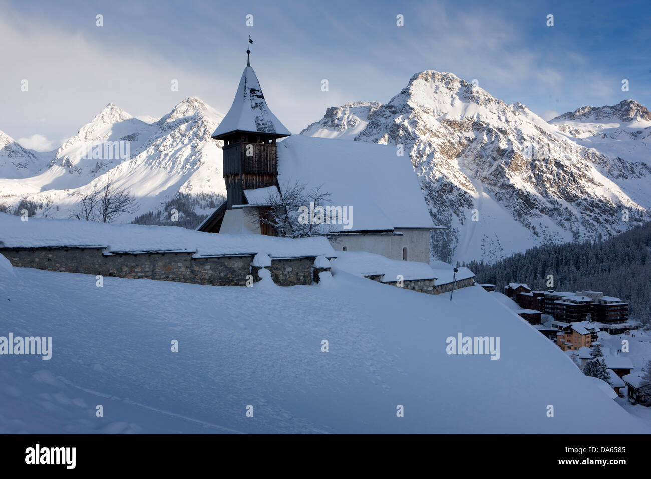 Mountain chapels, Innerarosa, mountain, mountains, winter, canton, GR, Graubünden, Grisons, church, religion, Switzerland, Europ Stock Photo