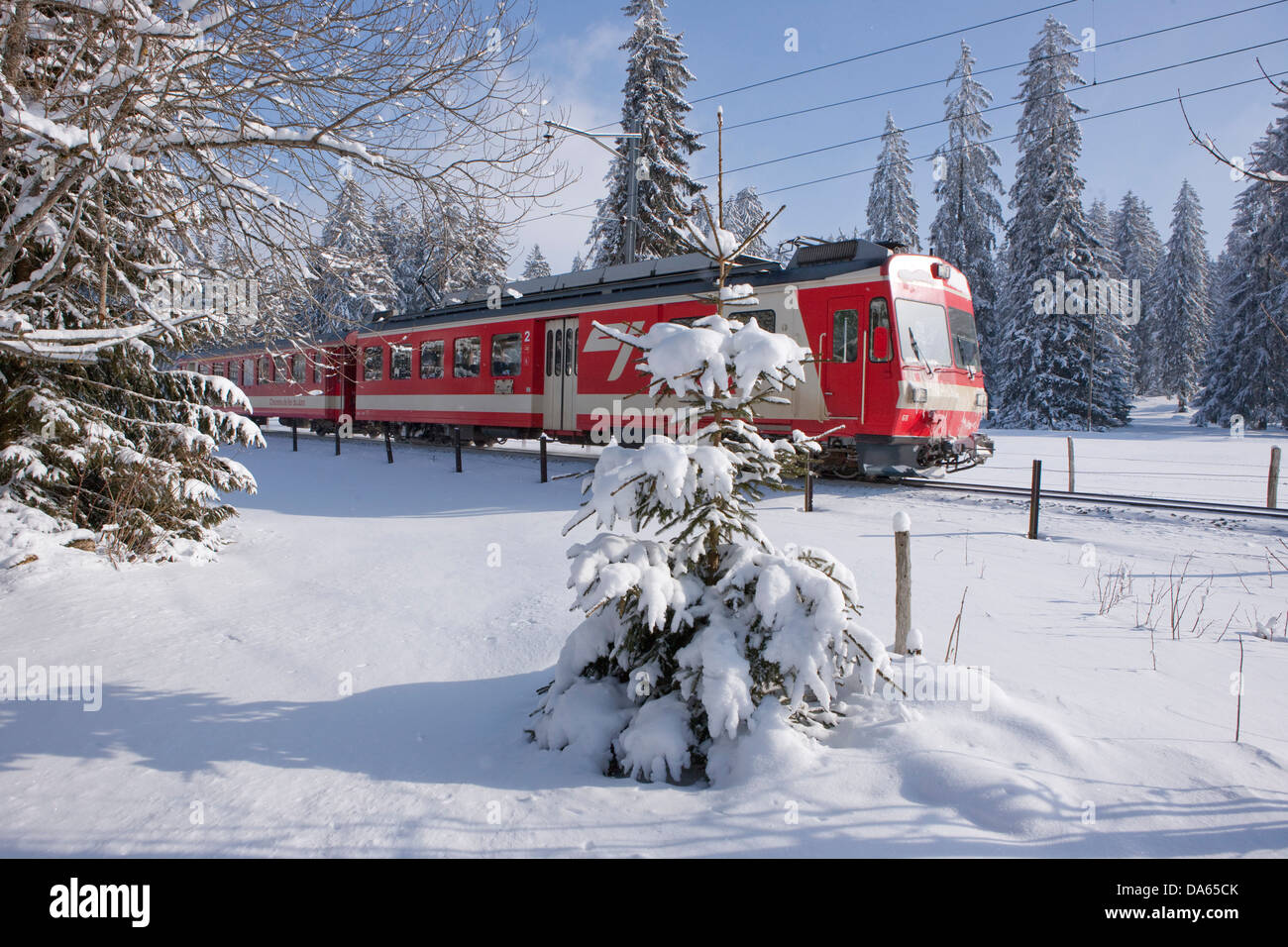 Road, Railway, Jura, winter, canton, JU, Jura, road, railway, train, railroad, Switzerland, Europe, snow, Saignelegier Stock Photo