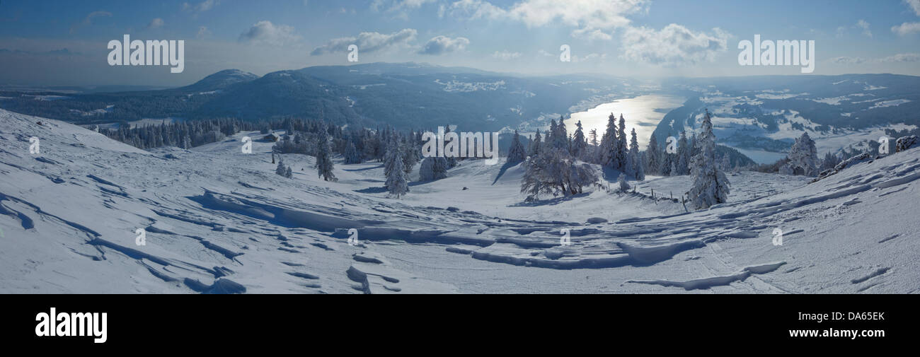 Dent de Vaulion, Valle de Joux, view, Lac de Joux, mountain, mountains, scenery, landscape, lake, lakes, winter, canton, VD, Vau Stock Photo