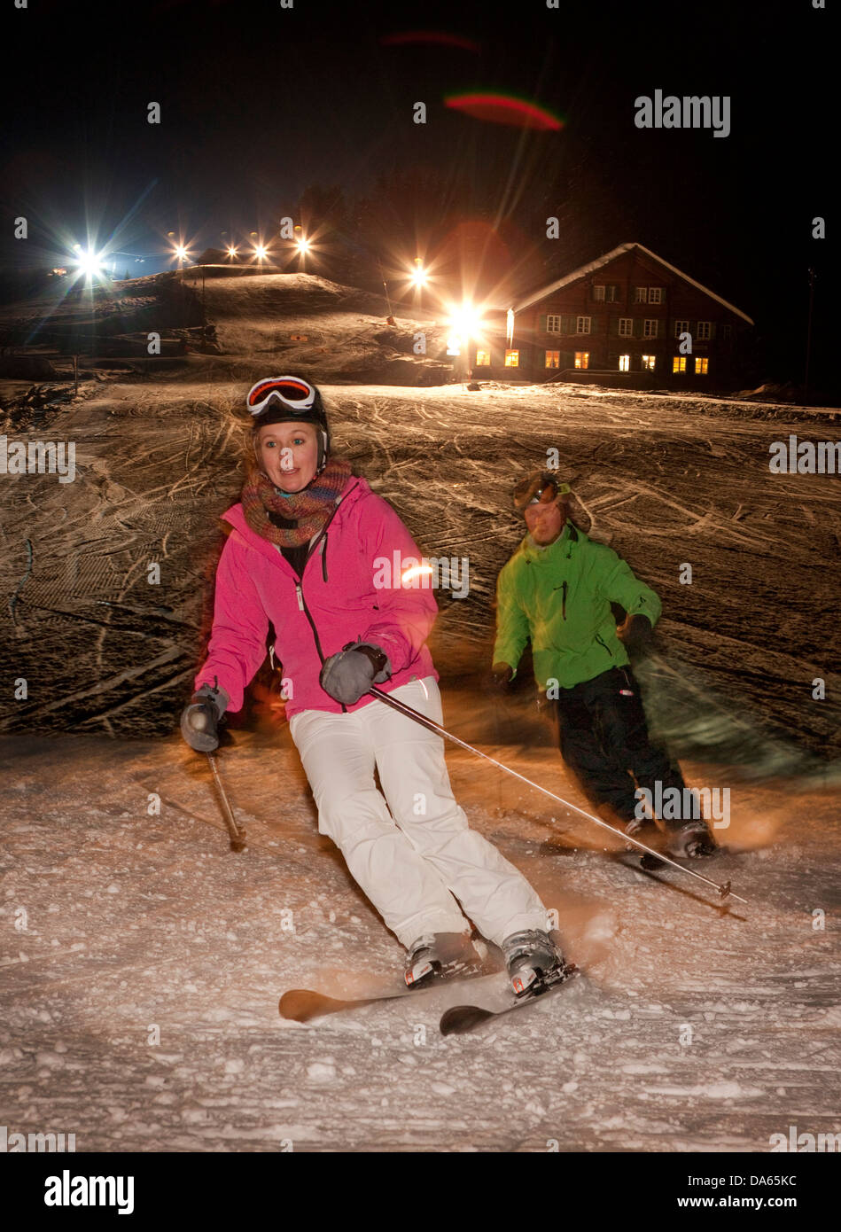 Night skiing, Zweisimmen, night, dark, ski, skiing, winter sports, Carving, winter, winter sports, canton, Bern, Bernese Oberlan Stock Photo