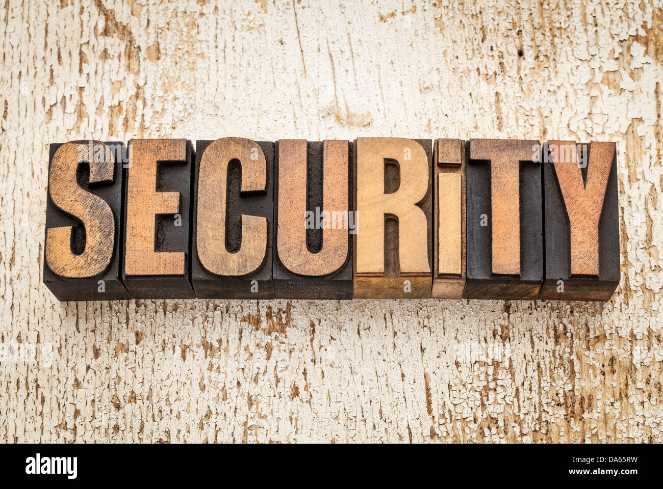 security word in vintage letterpress wood type on a grunge painted barn wood background Stock Photo