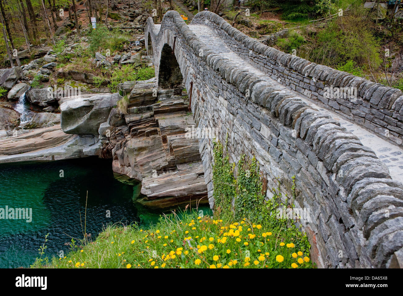 Stone bridge, Verzasca, Lavertezzo, bridge, river, flow, brook, body of water, water, canton, TI, Ticino, South Switzerland, Swi Stock Photo