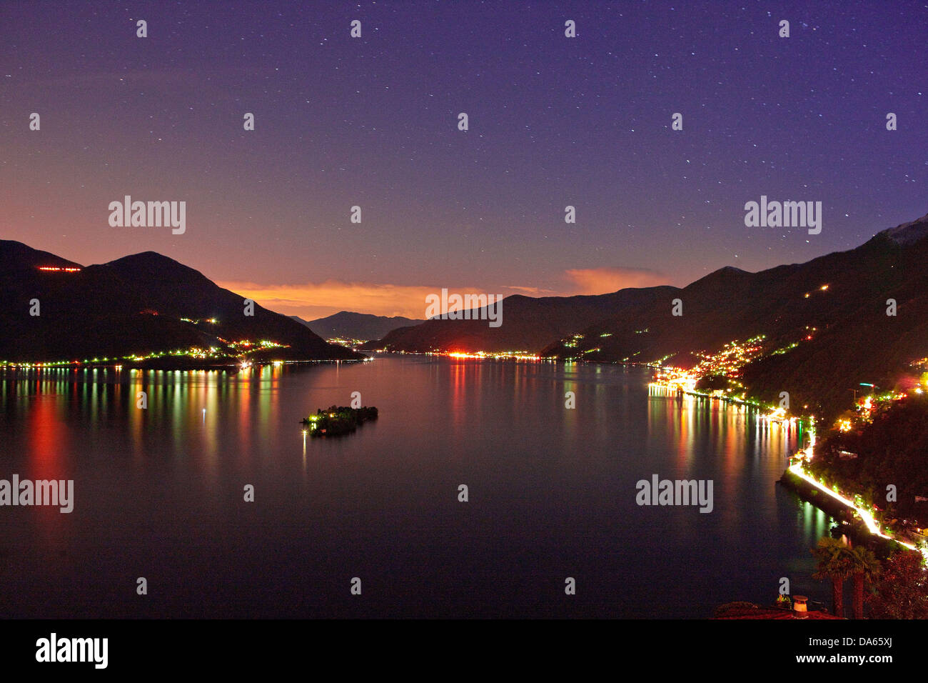 Brissago, islands, isles, canton, TI, Ticino, South Switzerland, lake, lakes, island, isle, night, dark, Switzerland, Europe, li Stock Photo