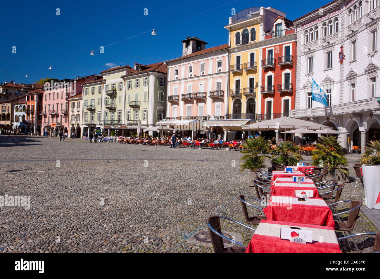 Piazza Grande, place, Locarno, canton, TI, Ticino, South Switzerland, town, city, Switzerland, Europe, street restaurant, facade Stock Photo