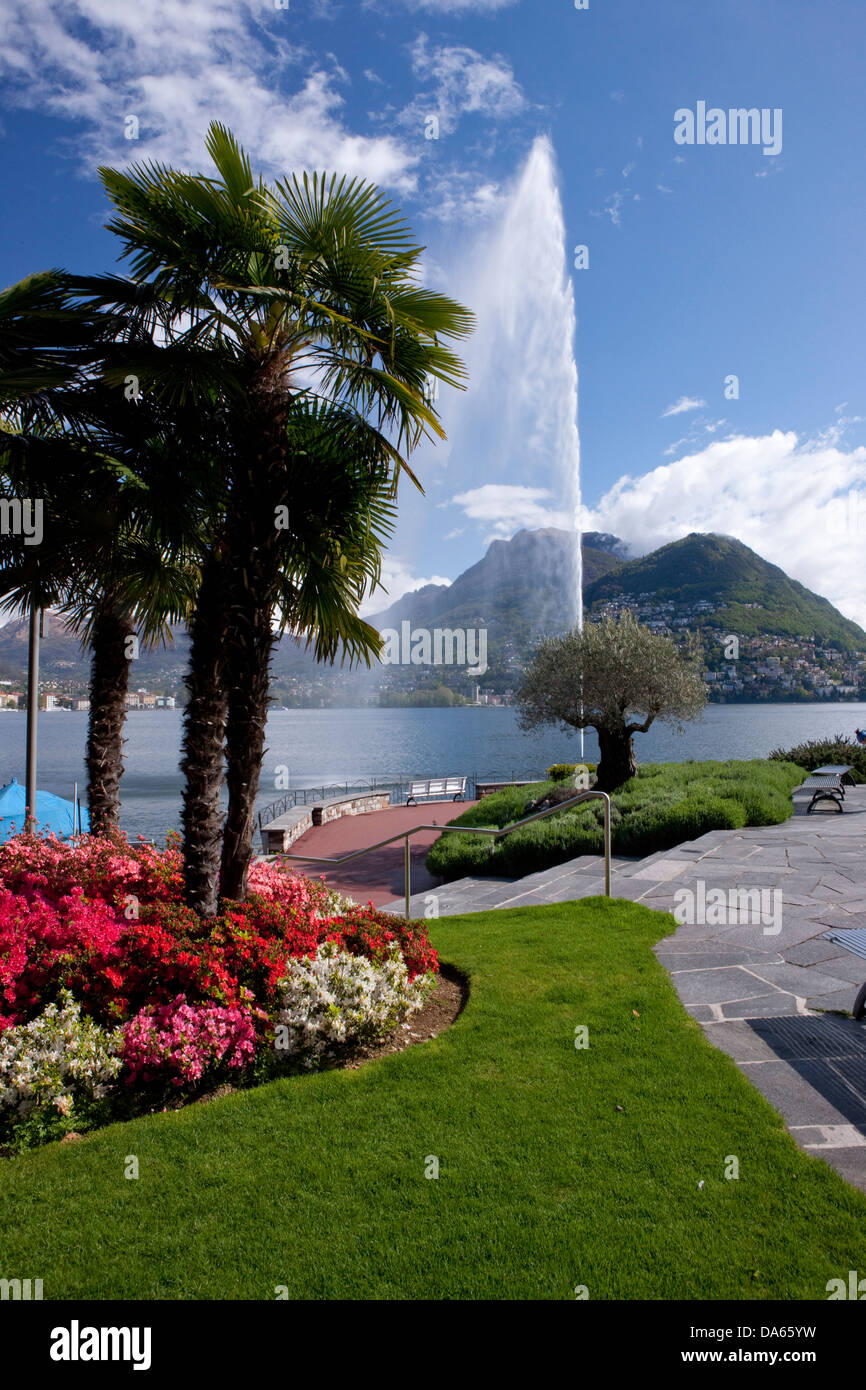 View, Lake Lugano, Monte Bre, lake, lakes, town, city, canton, TI, Ticino, South Switzerland, water, waterfall, Switzerland, Eur Stock Photo