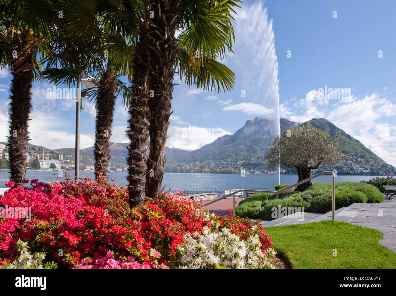 View, Lake Lugano, Monte Bre, lake, lakes, town, city, canton, TI, Ticino, South Switzerland, water, waterfall, Switzerland, Eur Stock Photo