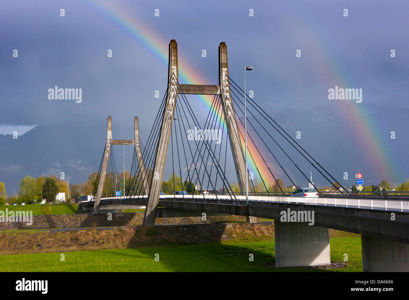 Rainbows, Rhine bridge, Diepoldsau, Widnau, canton, SG, St. Gallen, weather, bridge, river, flow, Rhine, body of water, water, S Stock Photo