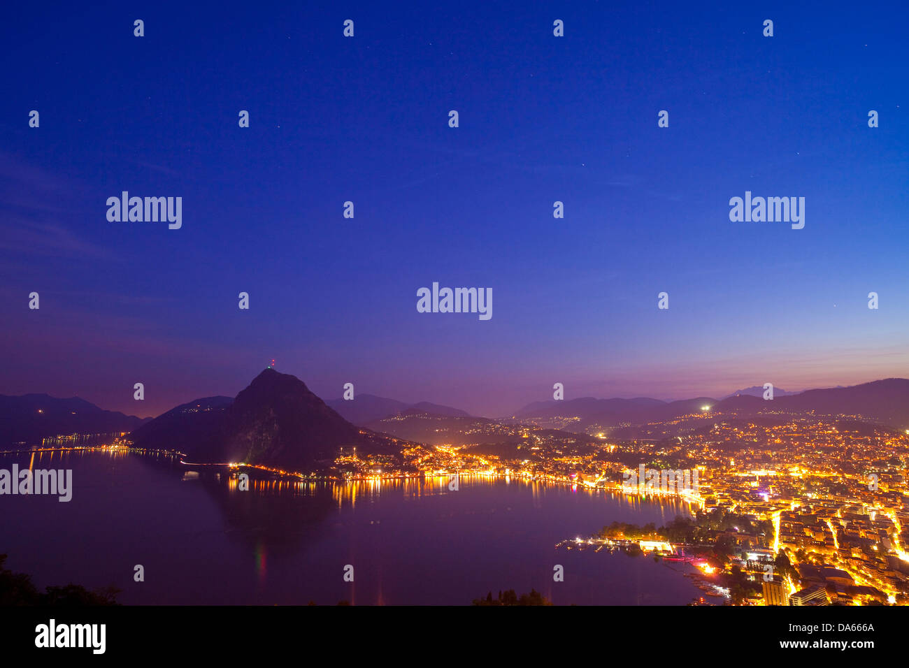 Lugano, Monte, San Salvatore, at night, canton, TI, Ticino, South Switzerland, town, city, lake, lakes, night, dark, Switzerland Stock Photo