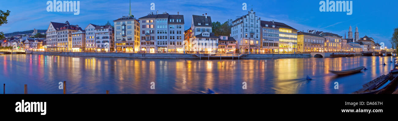 Zurich, Grossmünster, Limmat, panorama, river, flow, brook, body of water, water, building, construction, church, religion, nigh Stock Photo