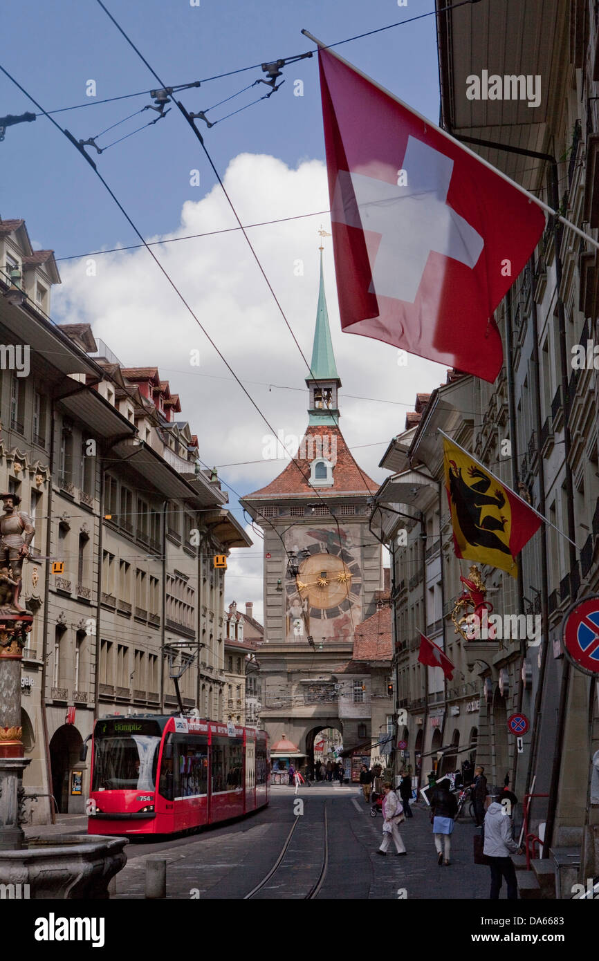 Zytgloggeturm, Bern, canton, Bern, town, city, Switzerland, Europe, tram, streetcar, flags, Old Town Stock Photo