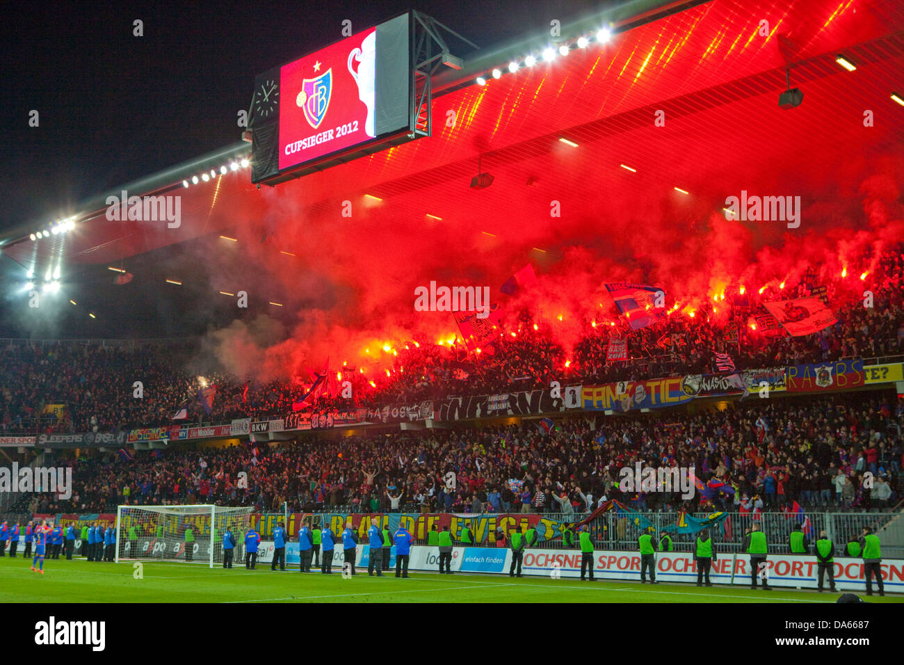 Fireworks, Stade de Suisse, stadium, Cup-final, canton, Bern, arrangement, football, soccer, spectator, smoke, fans, Switzerland Stock Photo