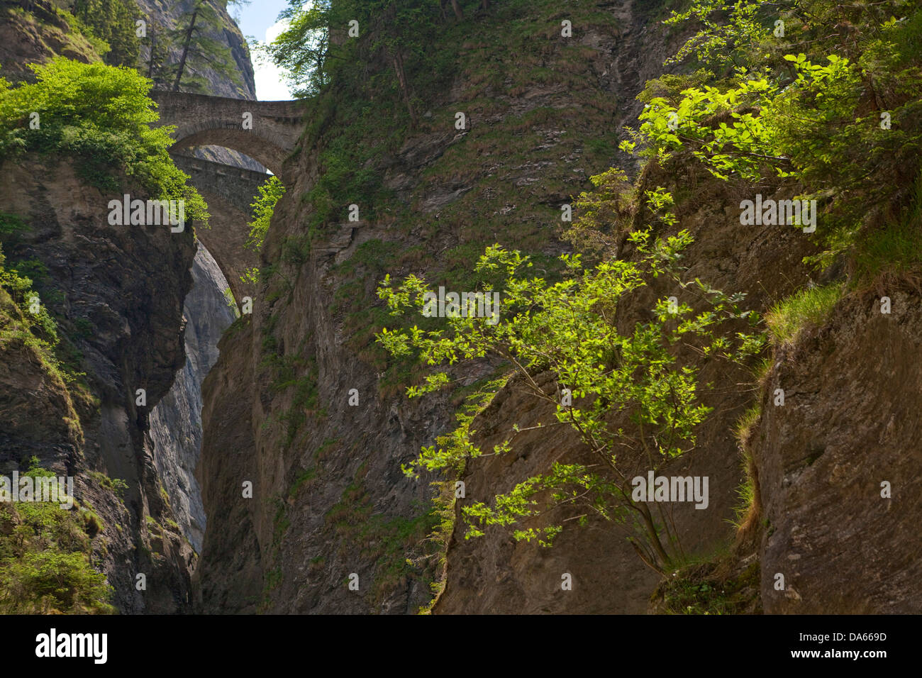 Bridges, Via Mala, Hinterrhein, Rhine, canton, GR, Graubünden, Grisons, bridge, gulch, canyon, Switzerland, Europe, stone bridge Stock Photo