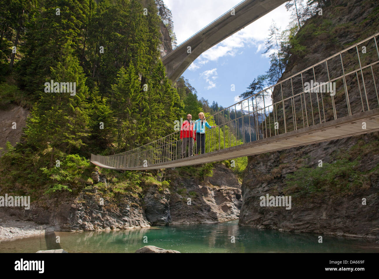 Suspension bridge, Suransun, Via Mala, Hinterrhein, Rhine, canton, GR, Graubünden, Grisons, bridge, gulch, canyon, footpath, wal Stock Photo