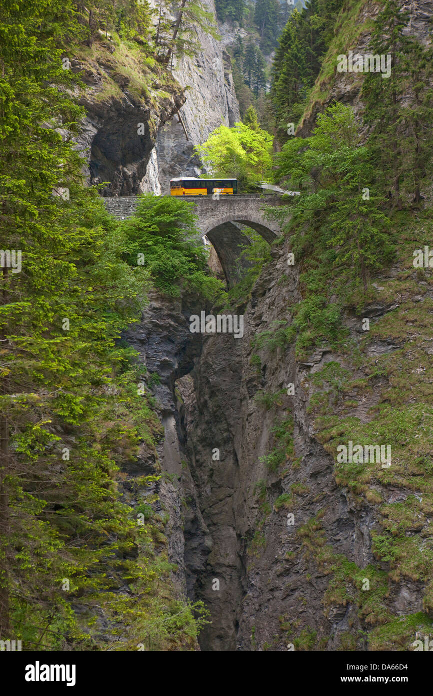 Bridges, Via Mala, Hinterrhein, Rhine, canton, GR, Graubünden, Grisons, bridge, gulch, canyon, postal car, Switzerland, Europe, Stock Photo