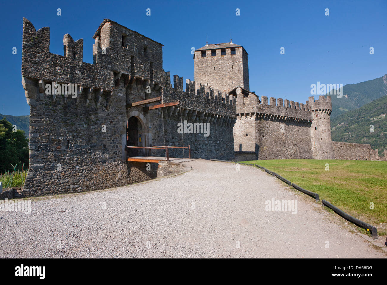 Monte Bello, Bellinzona, building, construction, Castle, canton, TI, Ticino, South Switzerland, Switzerland, Europe, fort, walls Stock Photo