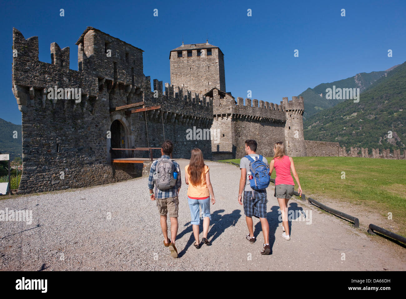 Tourists, Monte Bello, visit, building, construction, Castle, tourism, holidays, canton, TI, Ticino, South Switzerland, Switzerl Stock Photo