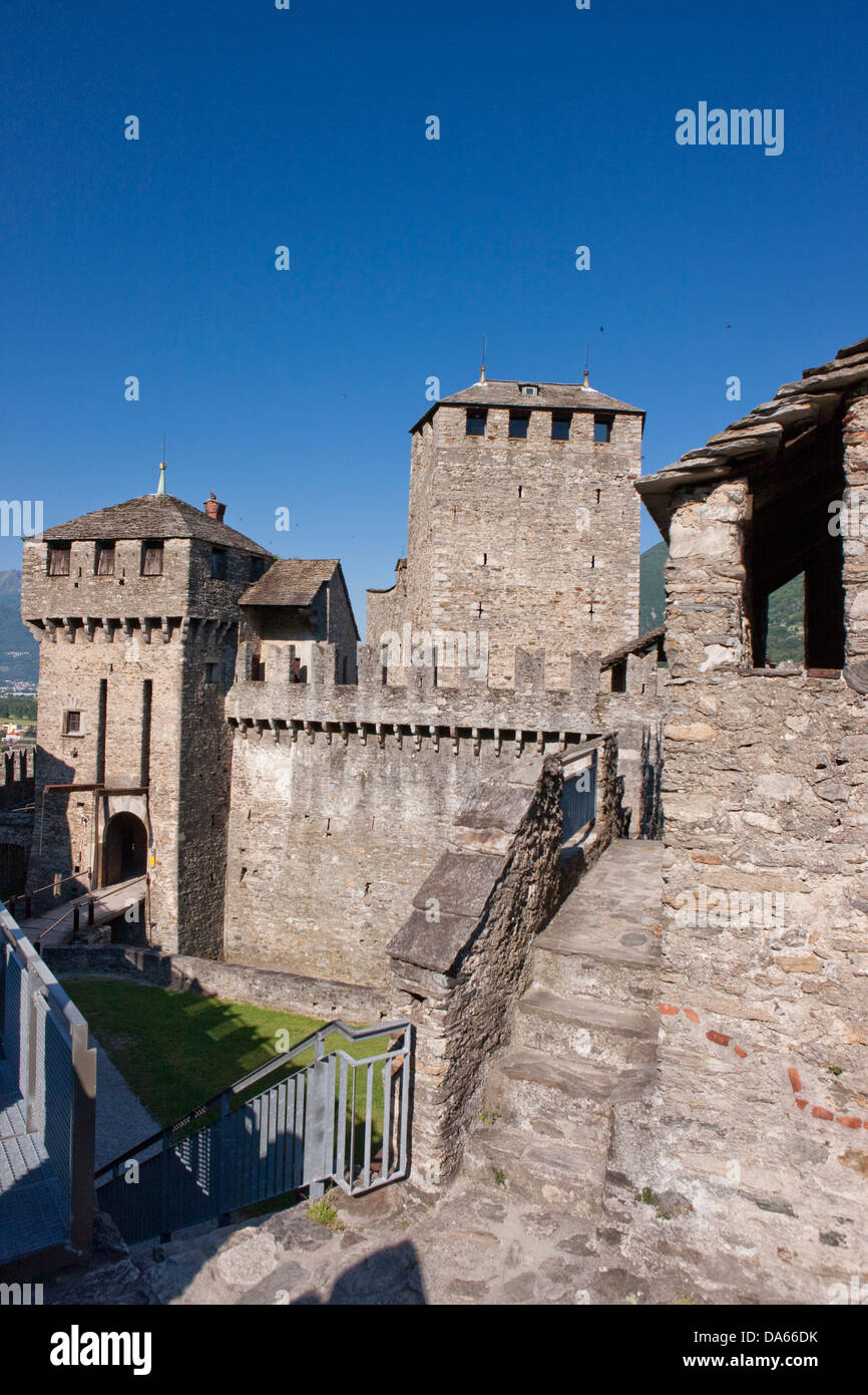 Monte Bello, Bellinzona, building, construction, Castle, canton, TI, Ticino, South Switzerland, Switzerland, Europe, fort, walls Stock Photo