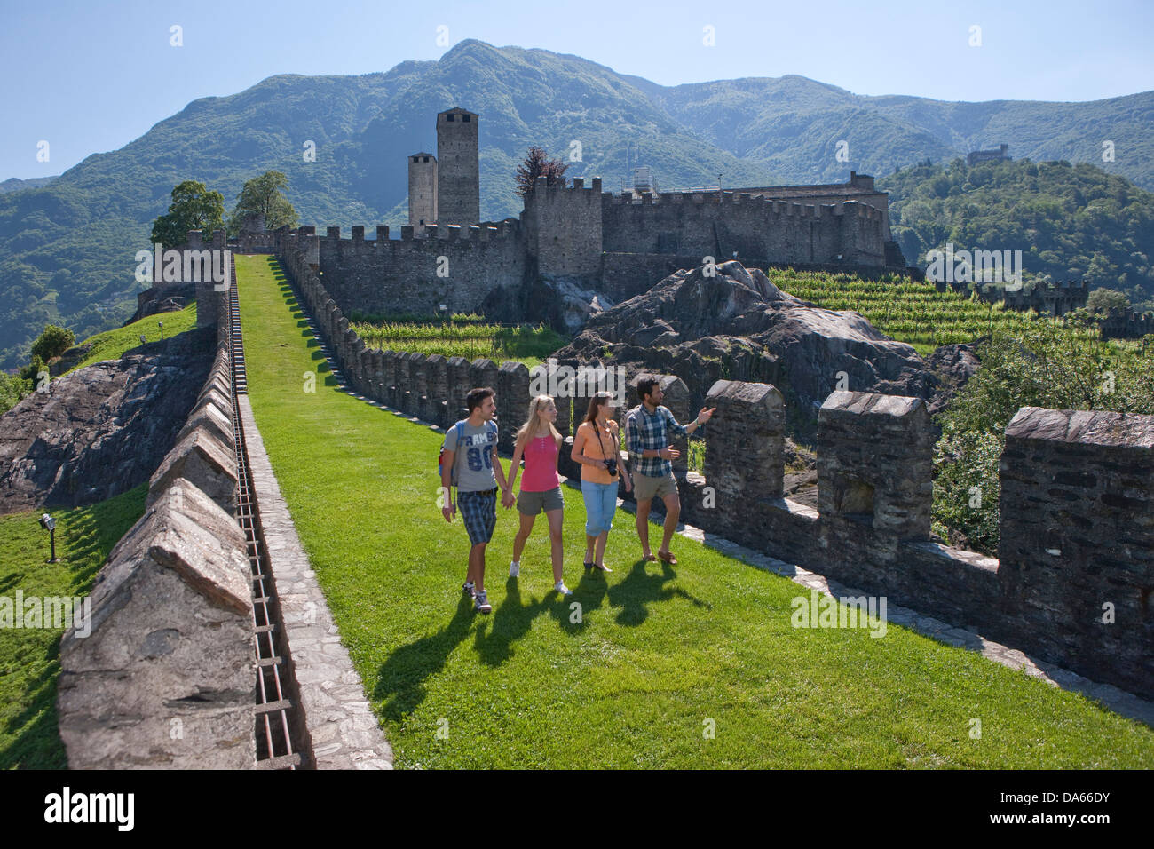 Tourists, Monte Bello, visit, building, construction, Castle, tourism, holidays, canton, TI, Ticino, South Switzerland, Switzerl Stock Photo