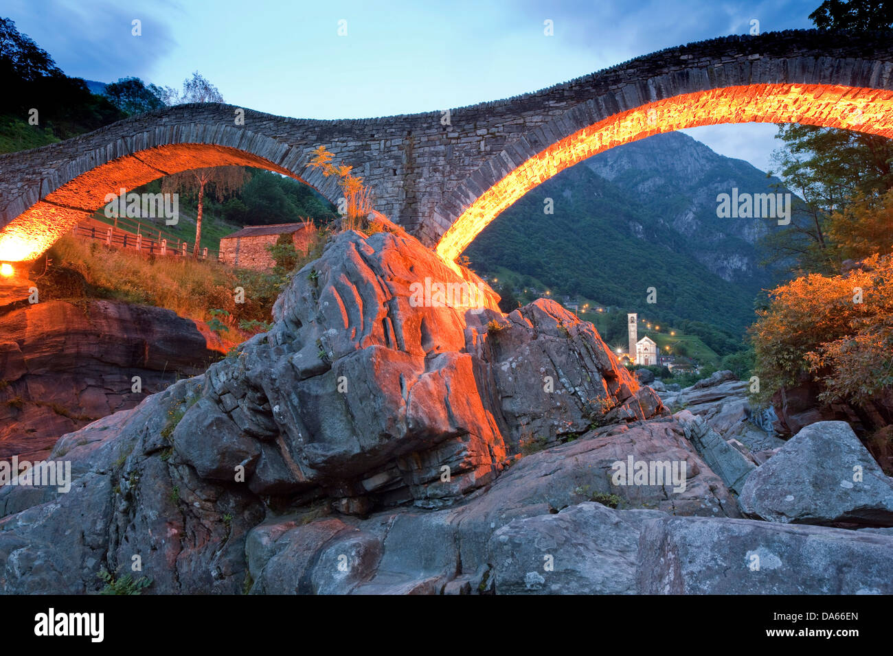 Bridge, Lavertezzo, Verzasca valley, canton, TI, Ticino, South Switzerland, bridge, river, flow, brook, body of water, water, ch Stock Photo