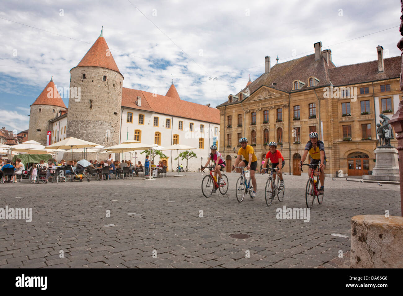 Bicycle tour, racing bicycle, Yverdon, bicycle, bicycles, bike, riding a bicycle, tourism, holidays, canton, VD, Vaud, Castle, t Stock Photo