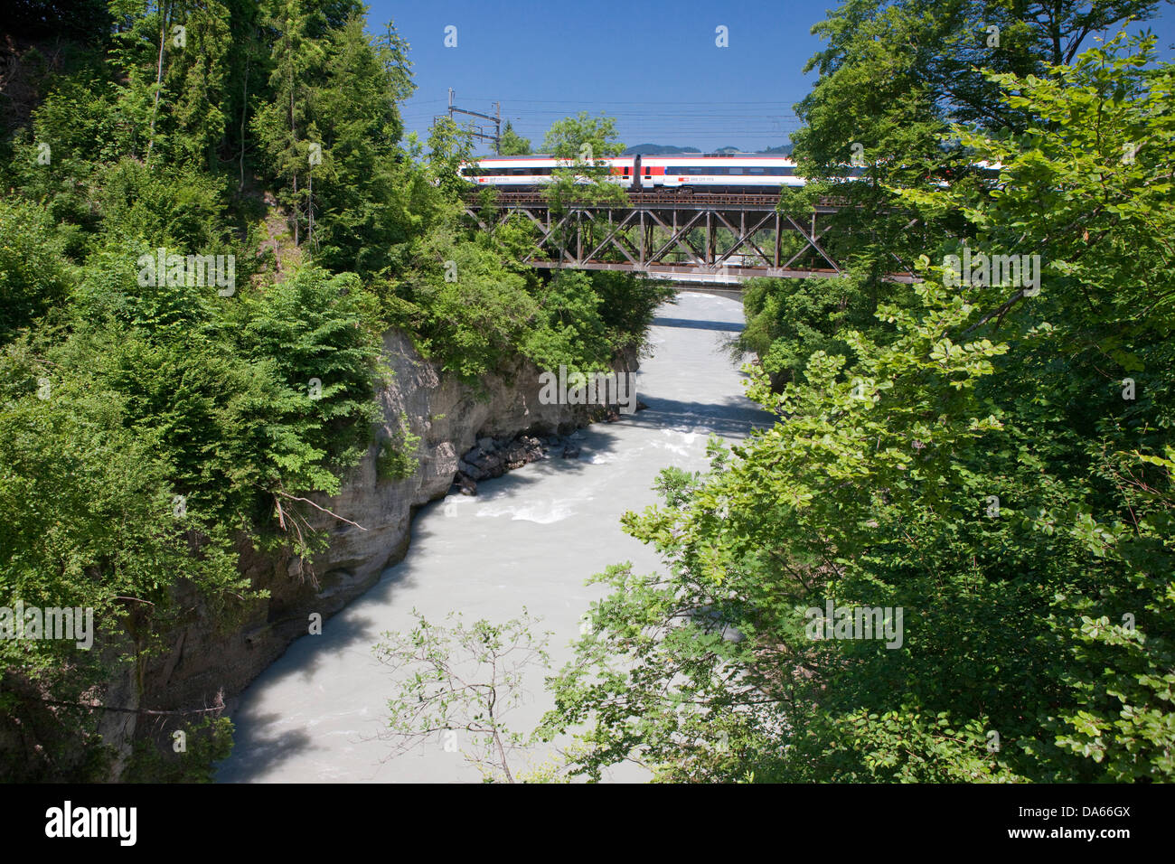 Road bridge, Kanderschlucht, road, railway, train, railroad, bridge, canton, Bern, gulch, canyon, Switzerland, Europe, river, fl Stock Photo