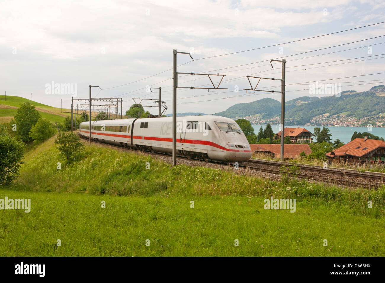 Road, Railway, lake of Thun, road, railway, train, railroad, canton, Bern, Switzerland, Europe, intercity express, Bernese Oberl Stock Photo