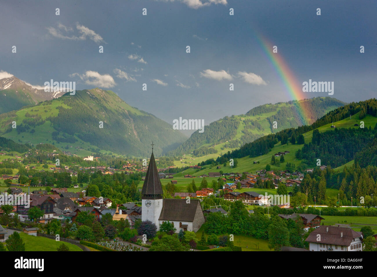 Rainbows, Saanenland, weather, clouds, cloud, canton, Bern, wood, forest, Gstaad, Switzerland, Europe, Bernese Oberland Stock Photo