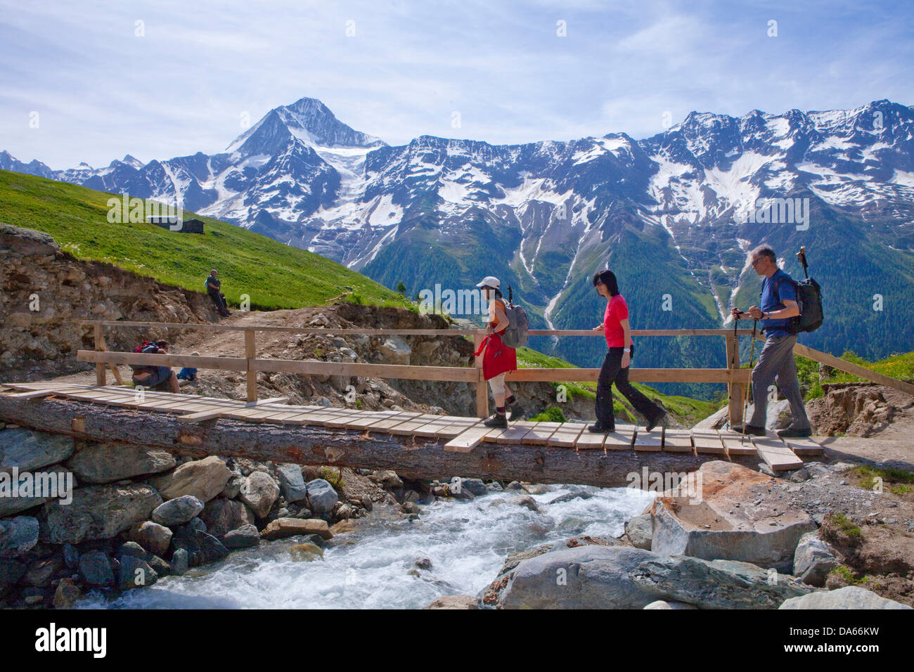 Walking, Hiking, Lötschentaler height way, height way, view, Bietschhorn, canton, Valais, mountain, mountains, group, footpath, Stock Photo