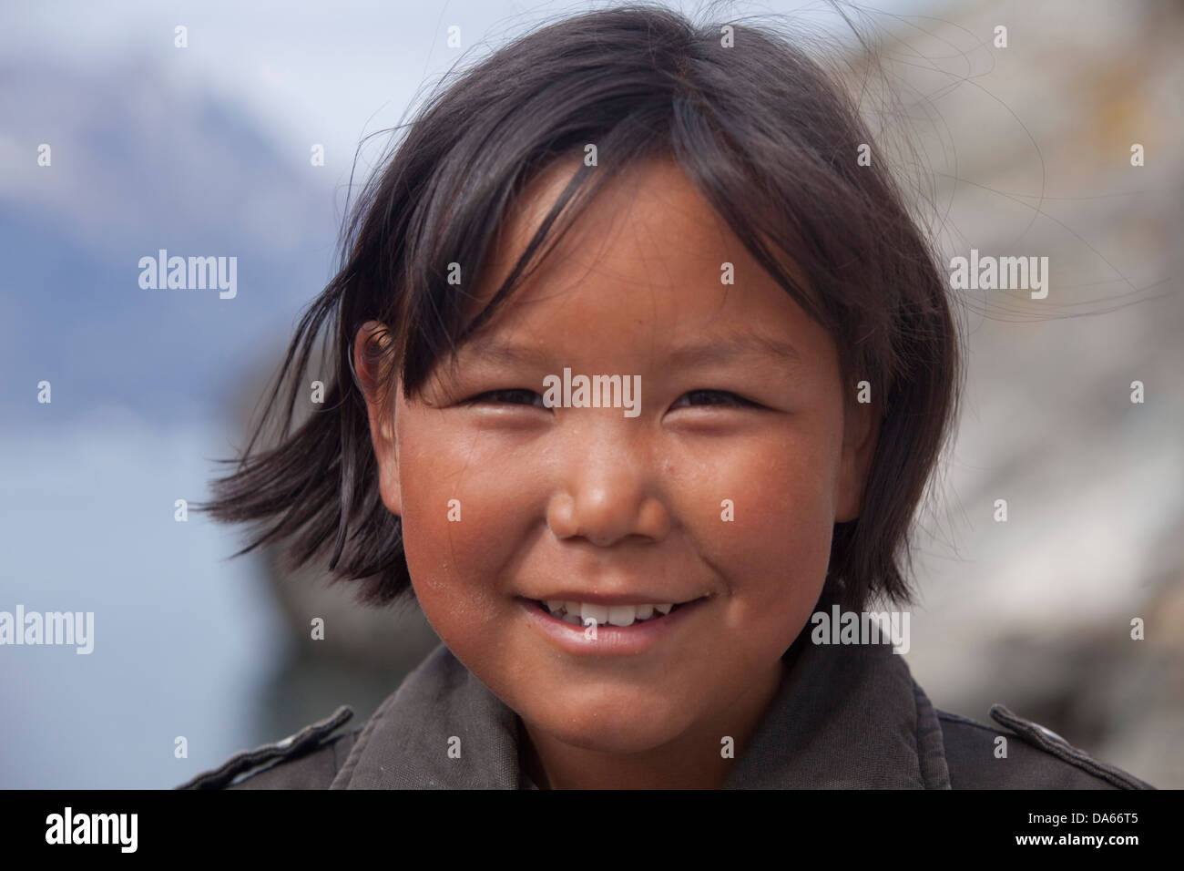 People, Inuit, Sermiligaaq, Greenland, East Greenland, ship, boat, ships, boats, child, children, girls Stock Photo