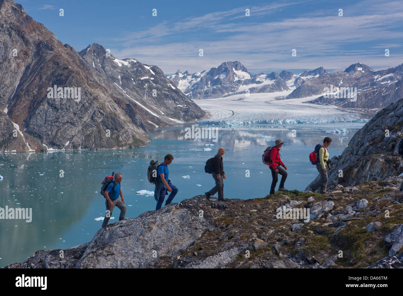Sermiligaaq, walking, hiking, Knut Rasmussen, Rasmussen, Greenland, East Greenland, glacier, ice, moraine, fjord, group, Stock Photo